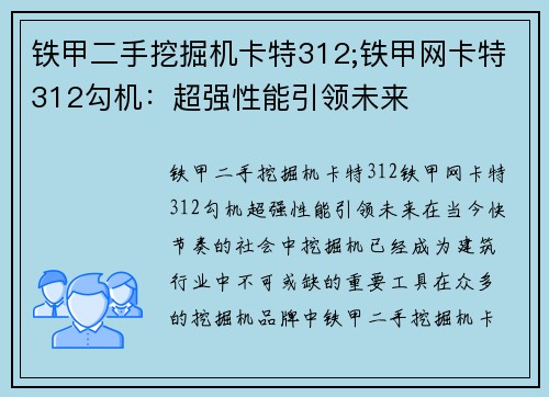 铁甲二手挖掘机卡特312;铁甲网卡特312勾机：超强性能引领未来